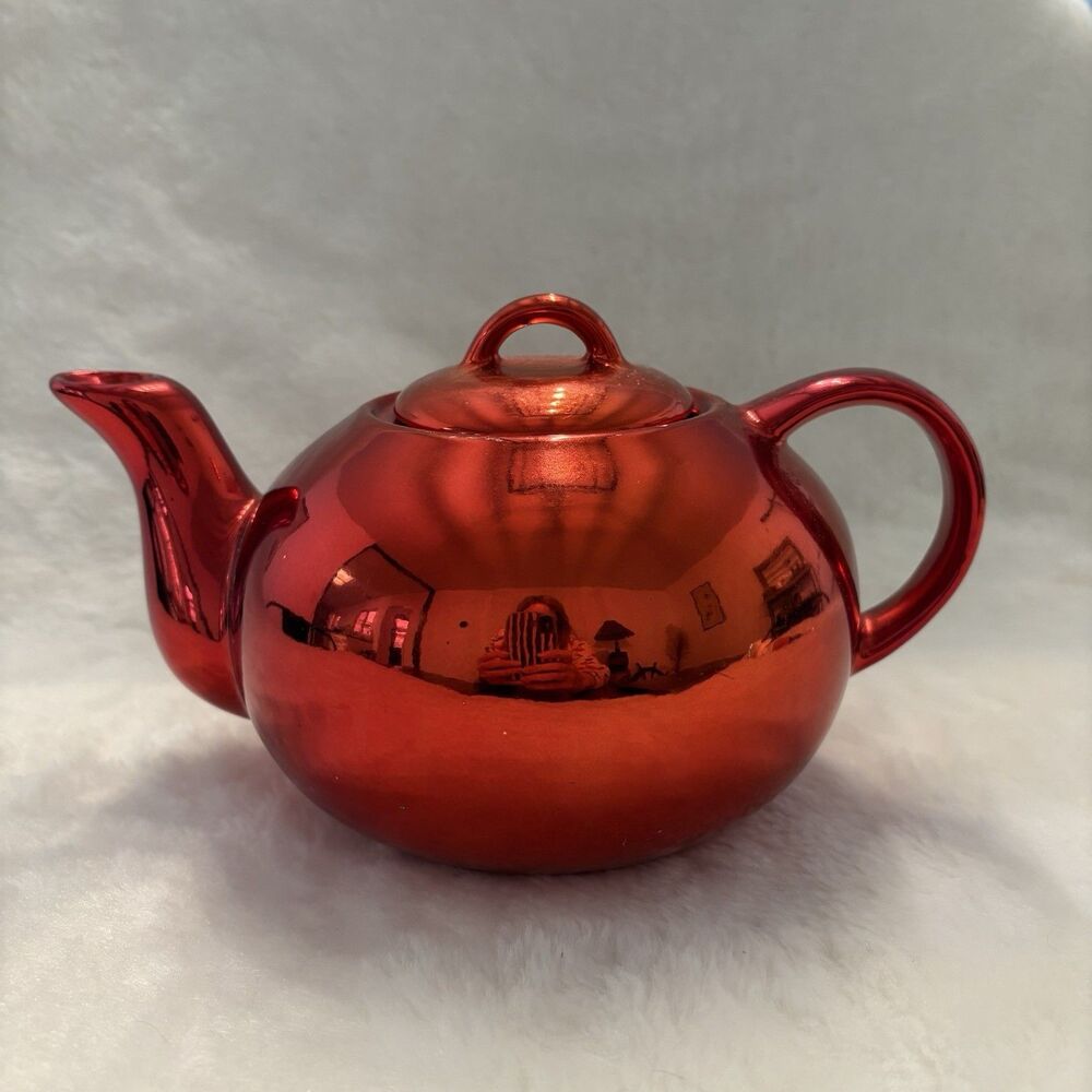 Enesco Vintage Teapot With Cherry Red Mirror Glaze Perfect For Christmas
